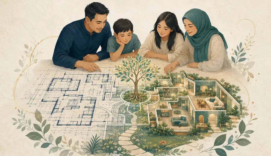 Ilustrasi keluarga menyusun blueprint pertumbuhan dan sistem keluarga